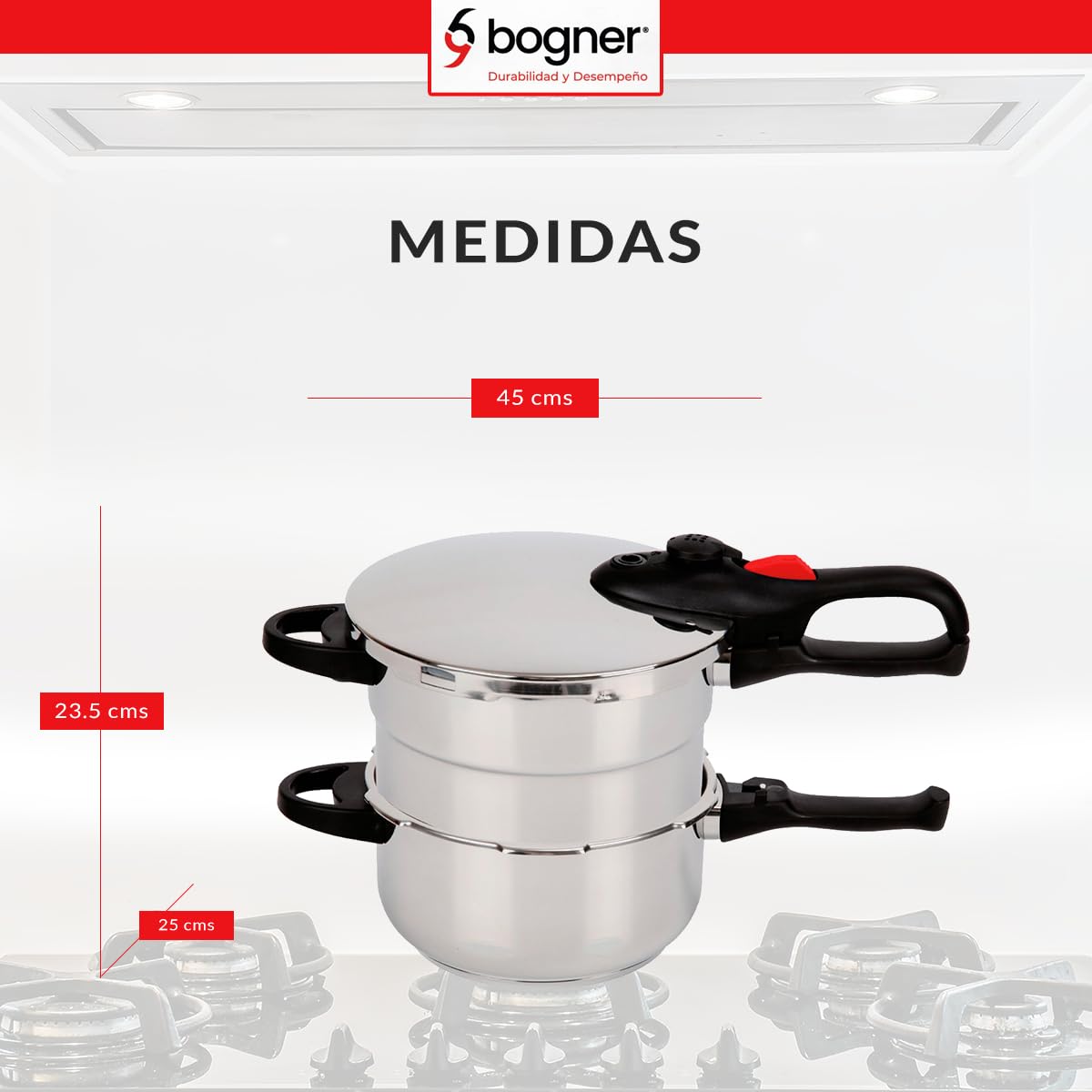 Bogner Set de ollas de presión fabricadas de acero inoxidable, Incluye 1 olla de 4 litros y otra de 6 litros, con accecorios (vaporera y tapa de cristal)