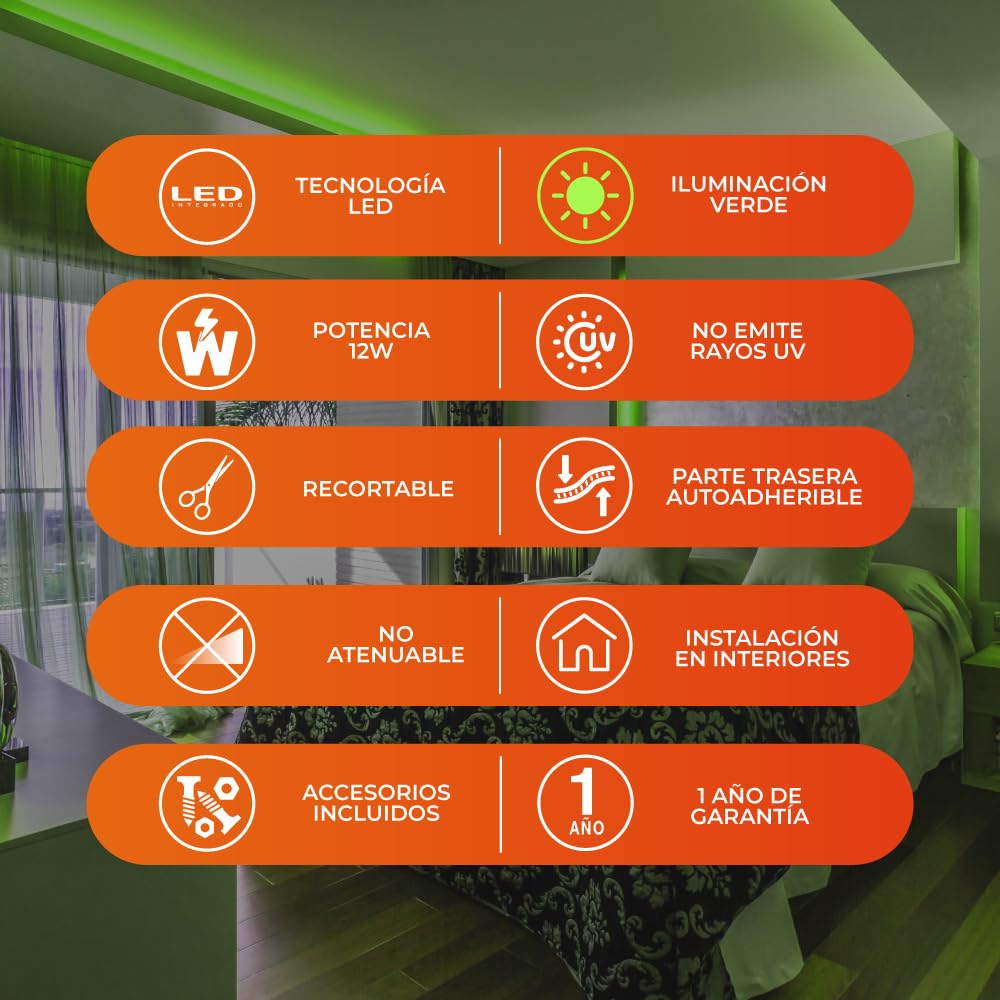 Tecnolite - Tira LED 5 Metros 12 W Luz Verde, Interiores, Plug and Play, No atenuable, Recortable