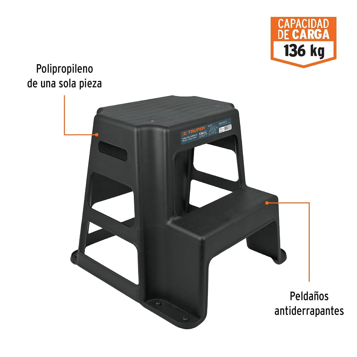 Truper TABU-2, Taburete de 2 escalones, Peldaños antiderrapantes