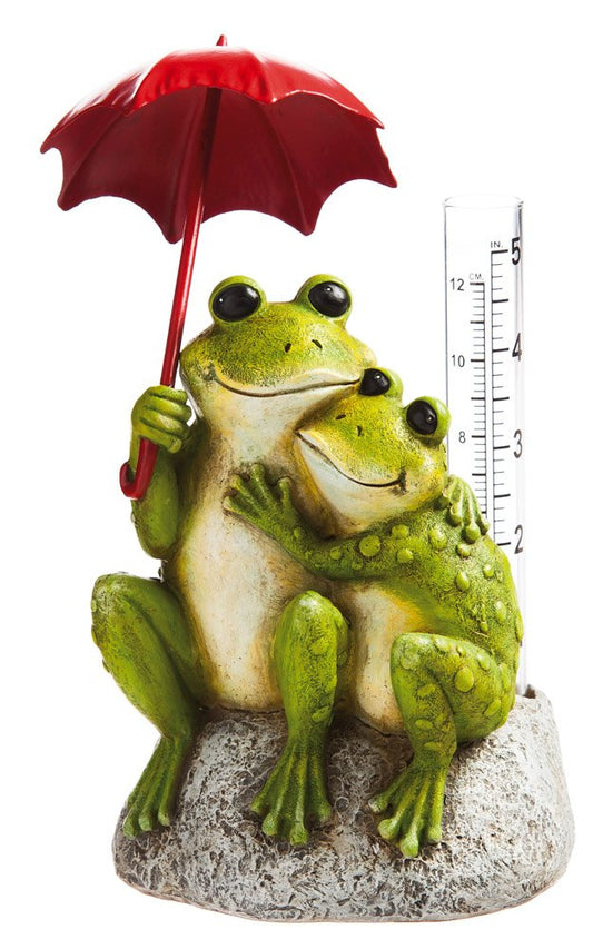 Evergreen Frog Lovers - Estatua con paraguas de vidrio para lluvia, color verde, decoración de jardín al aire última intervensión, 18 pulgadas de alto, capacidad de lluvia de 5 pulgadas, fácil de leer