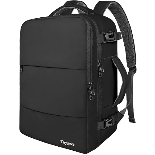 Taygeer Mochila de Viaje 10 kg Avión 40L para Hombre y Mujer, Negra | Laptop 17.3 pulgadas, apertura 180°, bolsa para zapatos, bolsillo impermeable, correa para equipaje, negocios y escapadas