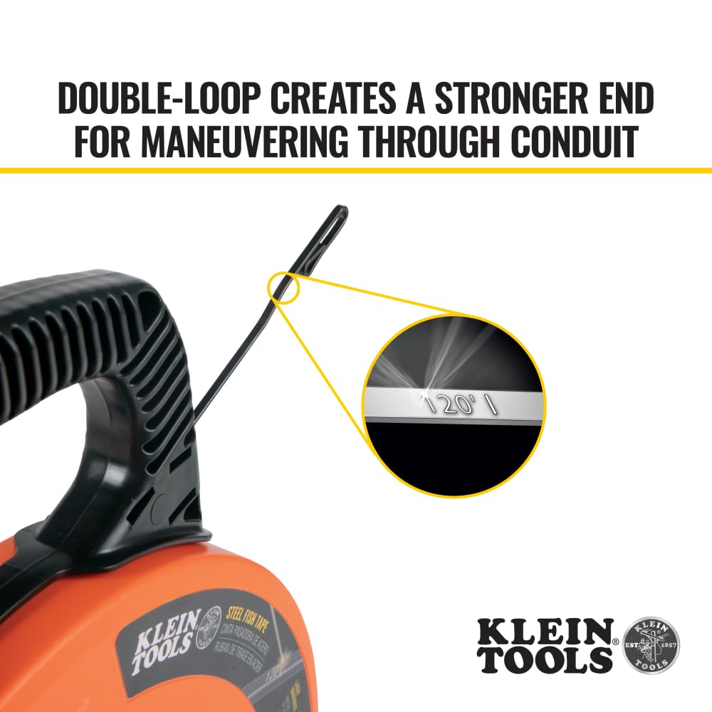 KLEIN TOOLS 56333 | Guía Jalacables De Acero | 37 M | Punta Con Doble Bucle | Jala cable con menos complicaciones usando una guía de acero de 37 m, con punta de doble bucle y agarre cómodo.