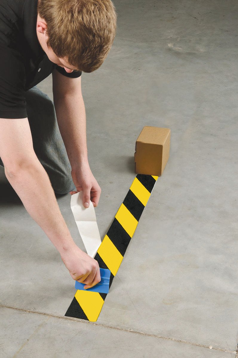 Brady ToughStripe Nonabrasive Diagonal Stripes Floor Marking Tape, 100' Length, 4" Width, Black and Yellow (Pack of 1 Roll)