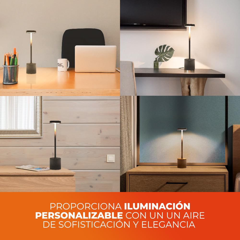 Tecnolite - Lámpara de Mesa LED 3 W Portátil, Recargable, Luz Blanca Ajustable y Atenuable Táctil, Lámpara Interior para Restaurante