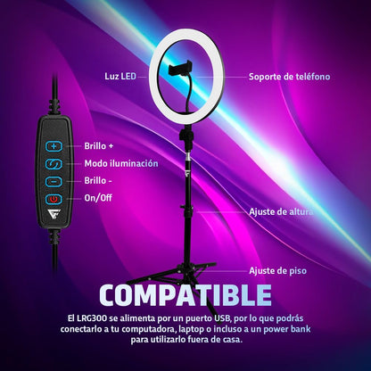 GAME FACTOR Aro de Luz Led 10” USB con Trípode LRG300 18W 3 Modos Regulable para Video y Streaming