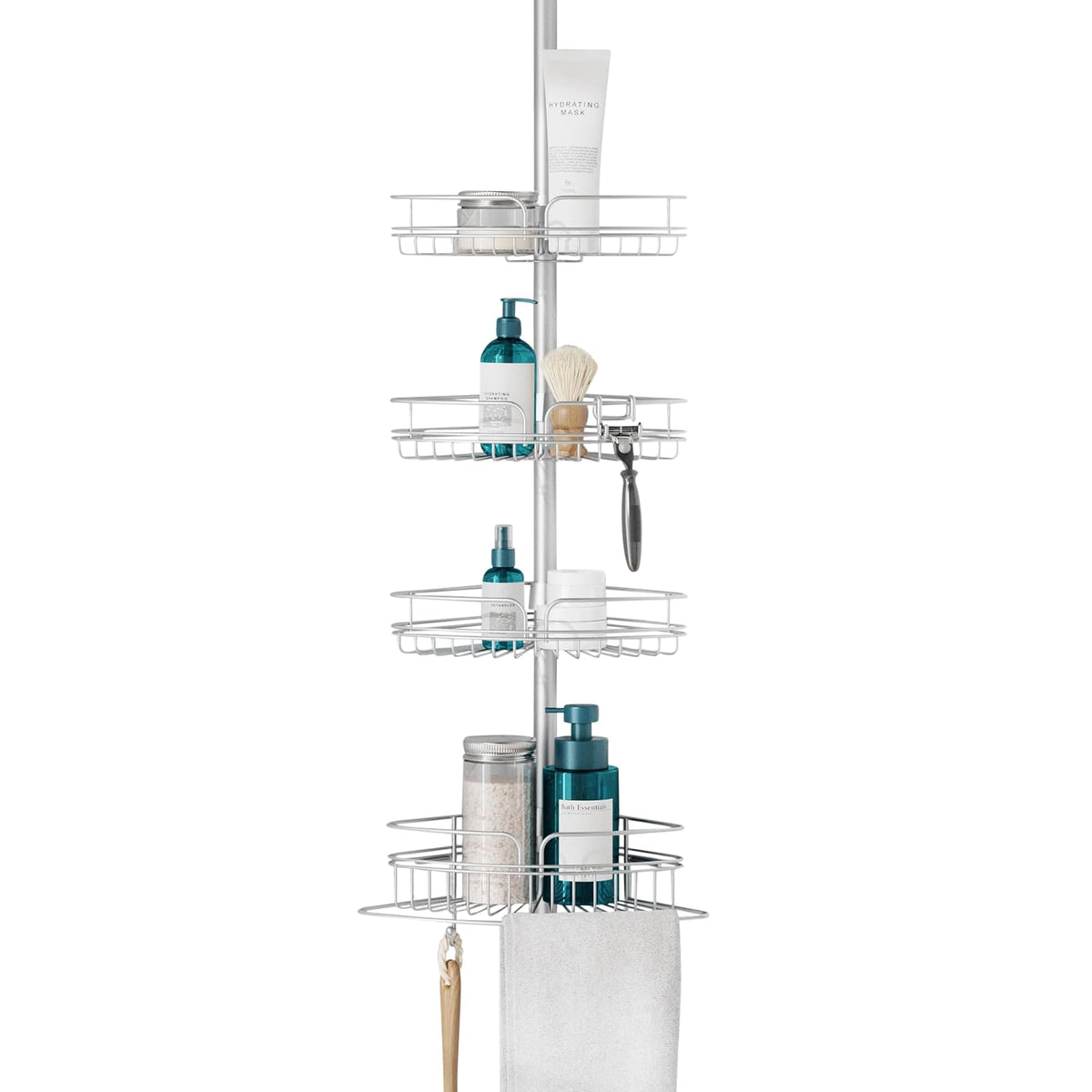 Zenna Home - Soporte de ducha con barra de tensión, sistema de almacenamiento de ducha ajustable en esquinas, con 4 cestas y barra de toallas integrada, solución de organización de baño, 60 a 97