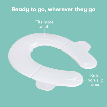 Frida - Asiento portátil plegable para inodoro para bebé, asiento plegable para orinal de viaje para niños pequeños, se adapta a inodoros redondos y ovalados, base antideslizante, asas, incluye bolsa