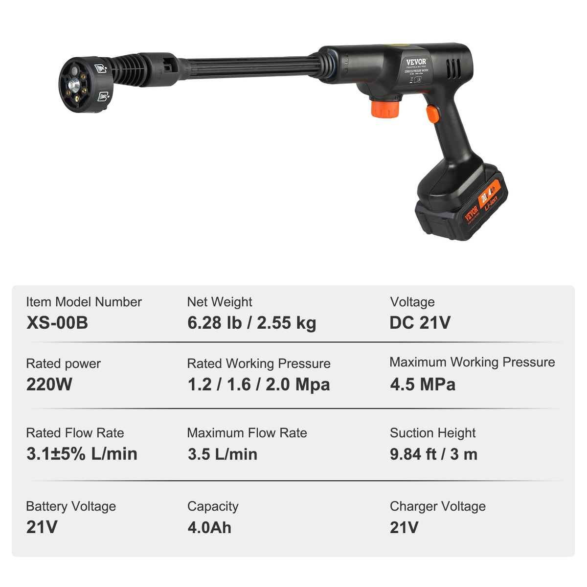 VEVOR Hidrolavadora inalámbrica, 652 PSI, 1.0 GPM, limpiadora de Alta presión portátil, Pistola de Lavado de Autos de Mano con batería de 4.0 Ah, Cargador, Boquilla 6 en 1, para Pisos y del hogar