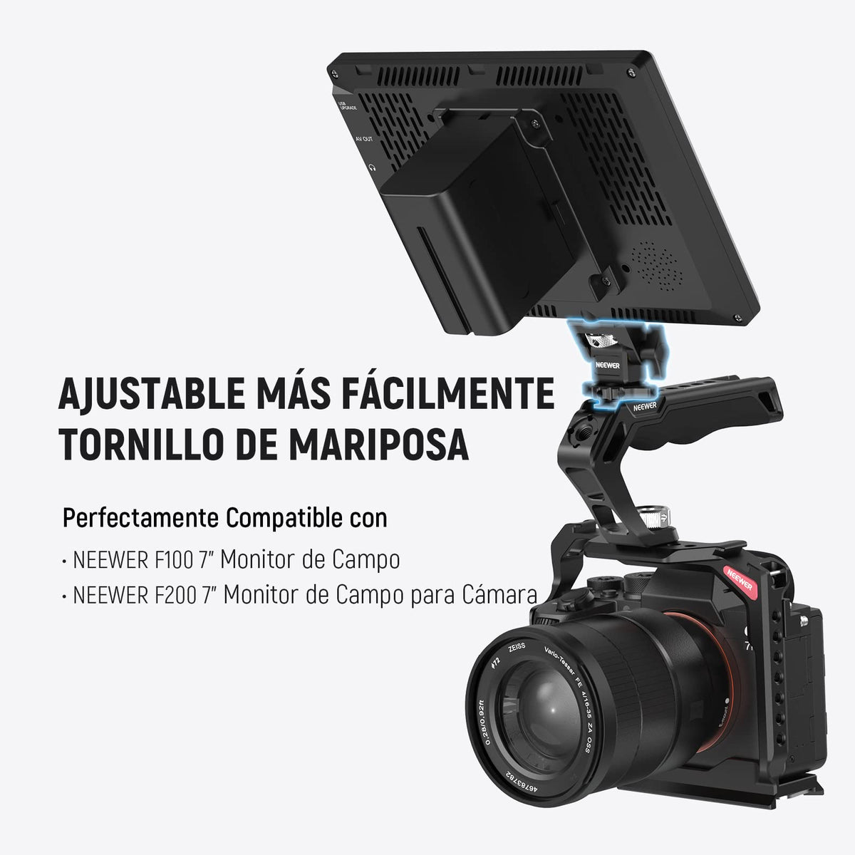 NEEWER Soporte para Monitor de Campo de 5" y 7" con Montura de Zapata fría 1/4",Giro de 360° Amortiguación de inclinación de 180° ajustable, Compatible con Atomos Ninja V Mango de Jaula SmallRig,MA002