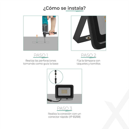 ILLUX Reflector LED Exterior 30W, Luz Fría 6500K, Impermeable IP65, Sobreponer en Piso, Negro, Iluminación para Fachadas y Jardines RL-3630.N65