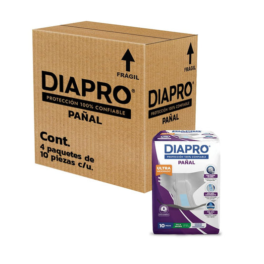 Diapro Pañal Anatómico Desechable para Incontinencia, Talla Grande, Unisex, Caja con 40 Piezas (4 paquetes de 10 piezas c/u), con protección trasera