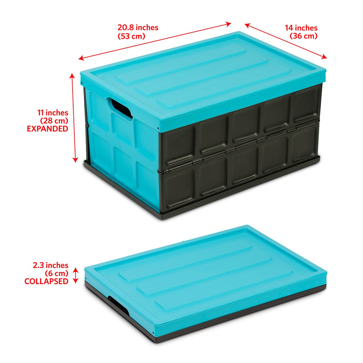 Glad - Contenedor plegable de almacenamiento con tapa, caja de plástico plegable de 48 litros para cochera, maletero y organización, contenedor apilable con tapa con asas, color turquesa