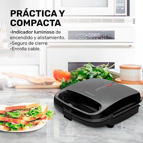 TAURUS COSMOS | Sandwichera antiadherente | Práctica y compacta | 2 sandwiches | 750 W | Indicadores luminosos de encendido y apagado | Seguro de cierre | Enrolla cable | Negro