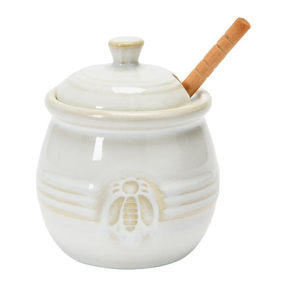 Creative Co-Op Olla para Miel con Tapa y Cuchara de Madera - Blanco