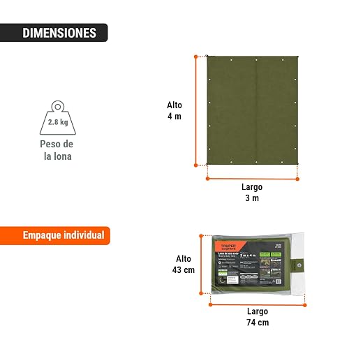 Truper Expert LT-34X, Lona Uso rudo, Verde Olivo, 3 x 4 m, Paquete con 1 Pieza