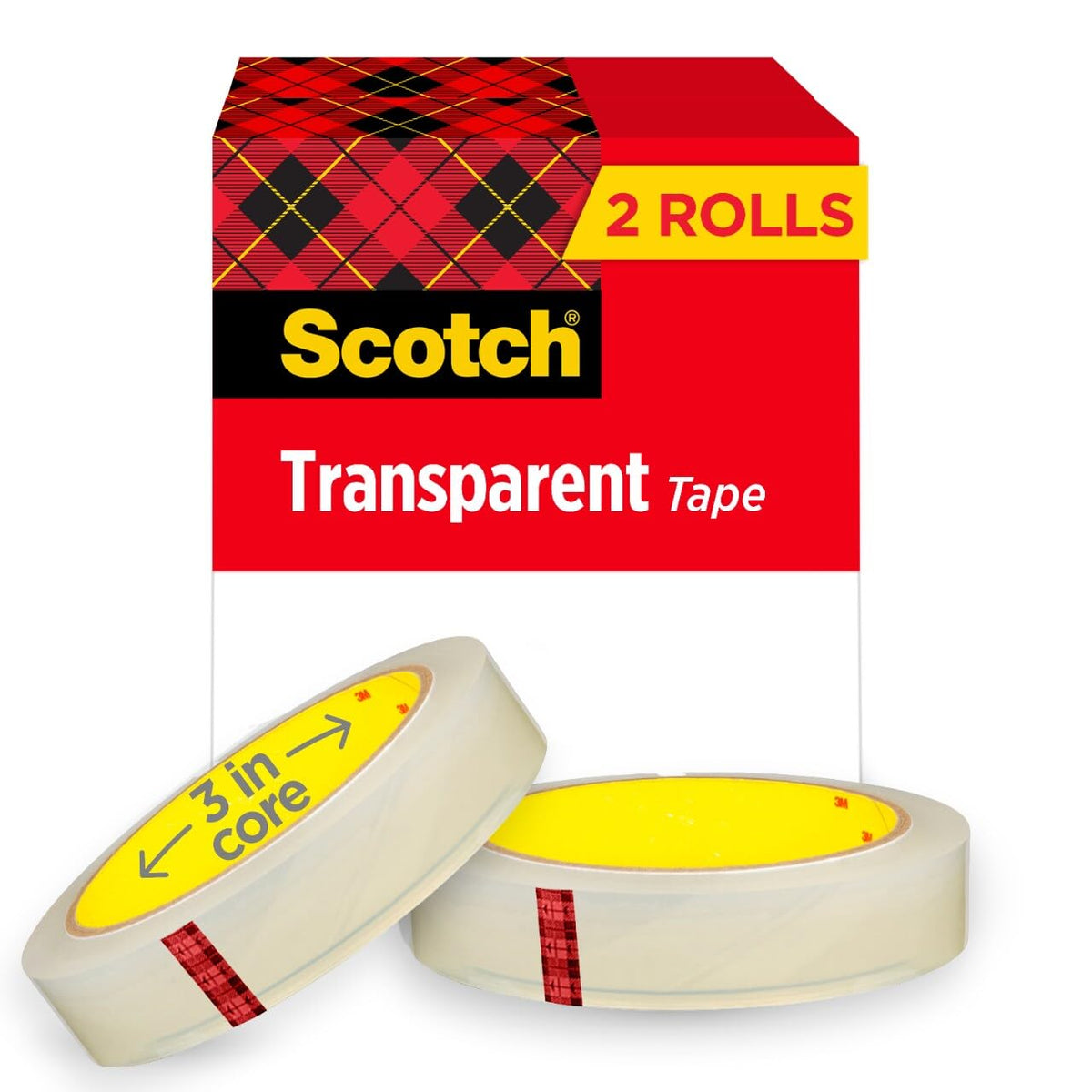 Scotch Brand Cinta transparente, cinta transparente diseñada para uso en la oficina y el hogar, 3/4 x 2592 pulgadas, núcleo de 3 pulgadas, 2 rollos