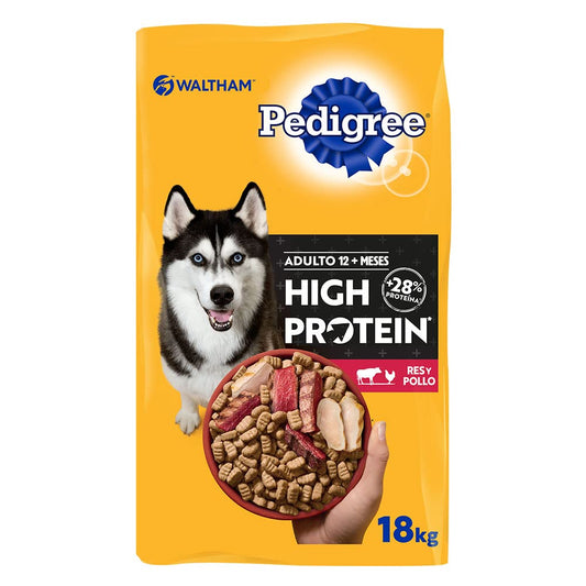 Pedigree - High Protein, Croquetas para Perro Adulto, Sabor Res y Pollo, Alimento Completo para Perro con Alta Proteína, Vitaminas y Omega 6, 18 kg