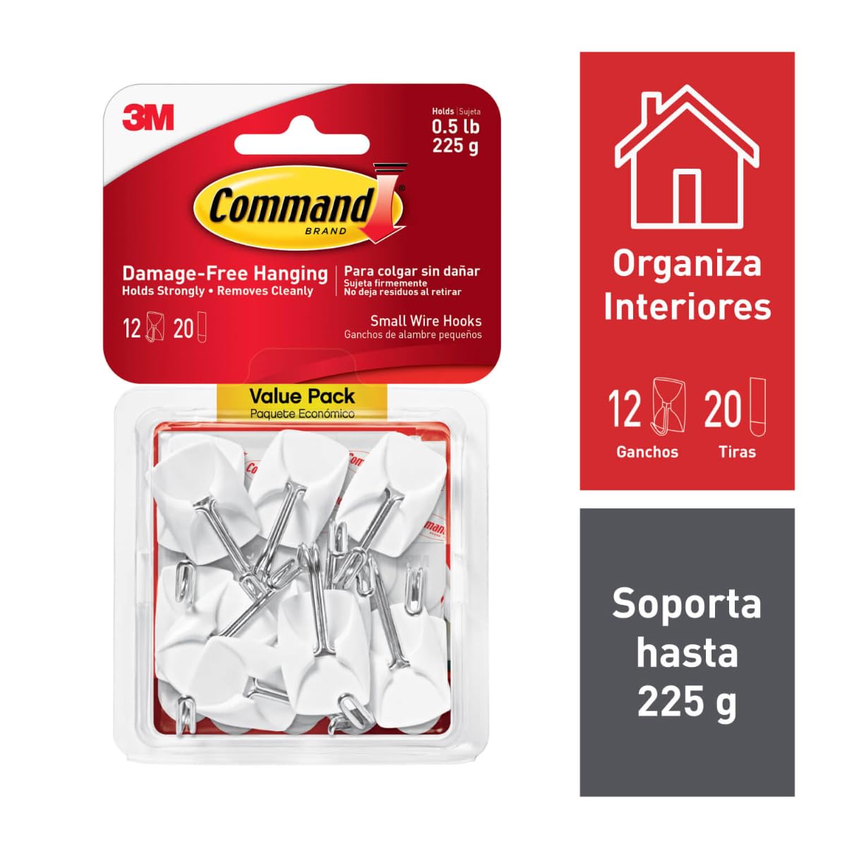COMMAND 3M Gancho Adhesivo Removible de Metal Chico Color Blanco 12 piezas | Soporta hasta 225 gr, Organiza interiores sin dañar superficies, No requiere herramientas, Fácil de instalar, Fijación segura