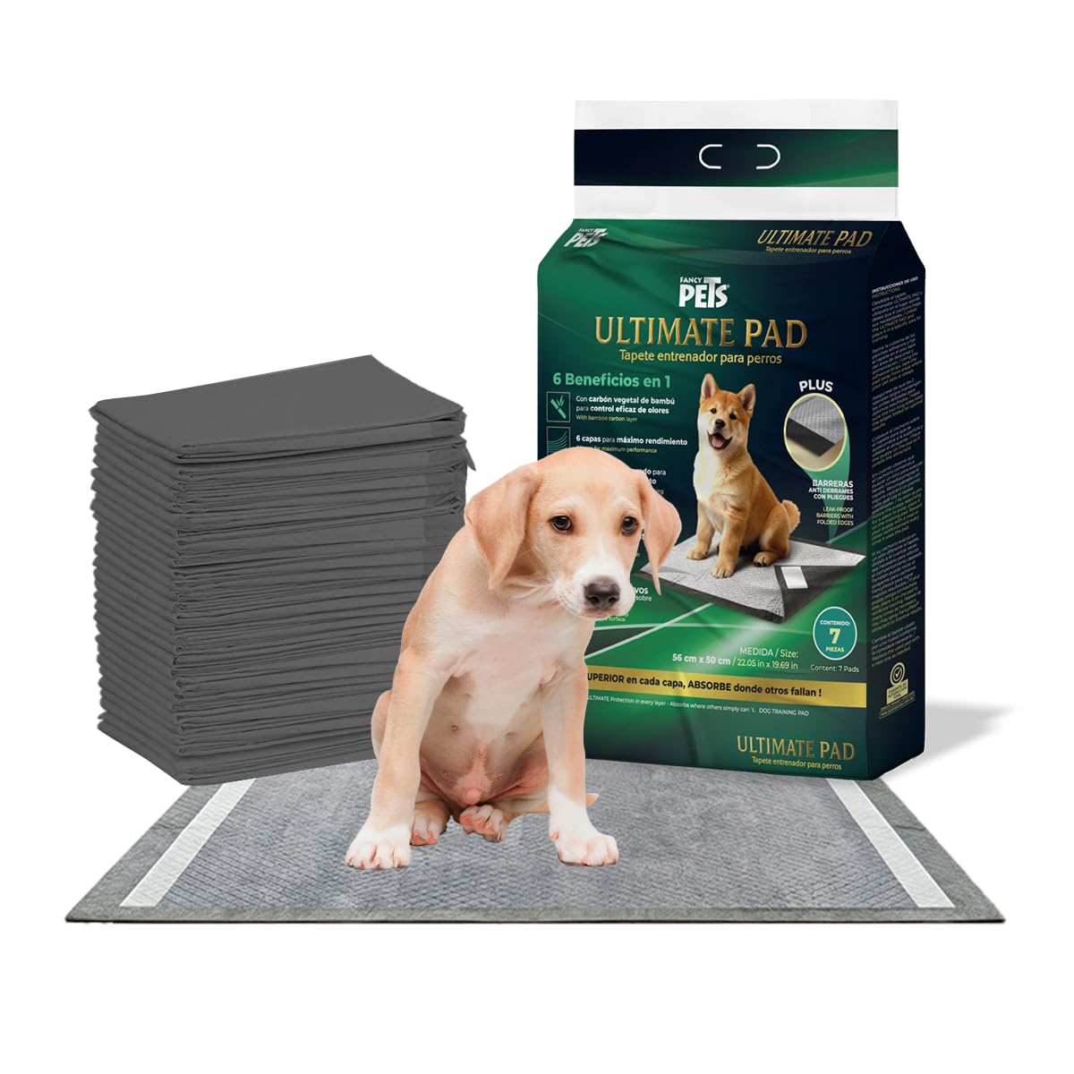 Fancy Pets Tapete Entrenador para Perros Ultimate Pad con Carbón Activado de Bambú Absorción Rápida Bordes Antiderrames Atrayente Integrado y Parches Adhesivos 56 x 50 cm - 30 PZ