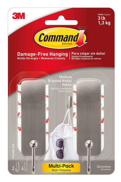Command - Ganchos de pared de níquel cepillado mediano, 2 ganchos de capa y 4 tiras de comando, sin daños y con calcomanía, sin herramientas, ideales para colgar la decoración del hogar, soporta hasta