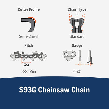 Husqvarna X-Cut S93G Cadena de motosierra de 18 pulgadas, paso de 0.3/8 pulgadas, calibre 0.50 pulgadas, 62 eslabones de transmisión, reemplazo de cadena de motosierra 350i