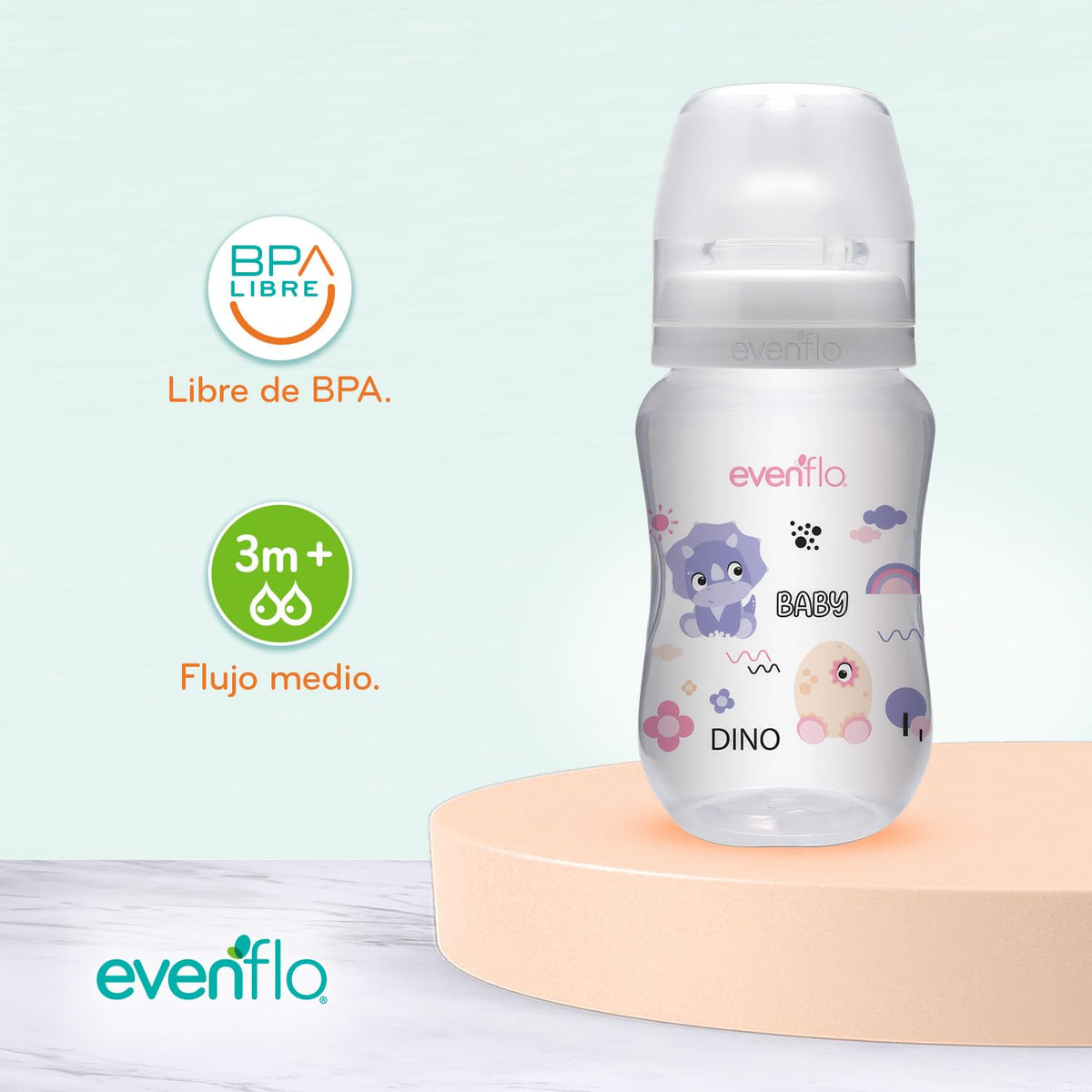Evenflo Biberón Anticólicos de Dinosaurio para Niña, Cuello Ancho, 270ml/9oz, Rosa, Morado y Transparente, Flujo Medio, con Ventilación, 3 Piezas, para Bebés de 3 Meses en Adelante