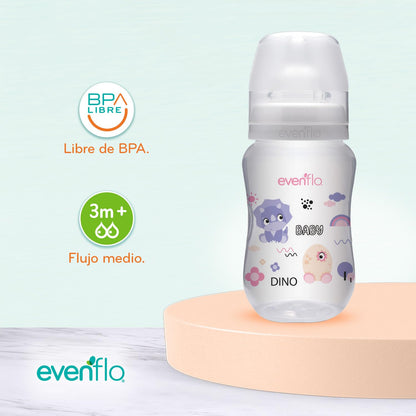 Evenflo Biberón Anticólicos de Dinosaurio para Niña, Cuello Ancho, 270ml/9oz, Rosa, Morado y Transparente, Flujo Medio, con Ventilación, 3 Piezas, para Bebés de 3 Meses en Adelante