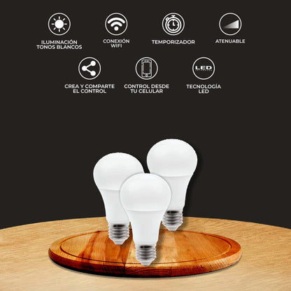 Tecnolite Connect - Paquete 3 Focos Inteligentes Luz Blanca WiFi y Bluetooth, Comp. Alexa, App Connect, Glow Smart, Iluminación blanca, cálida, fría, Iluminación Interior