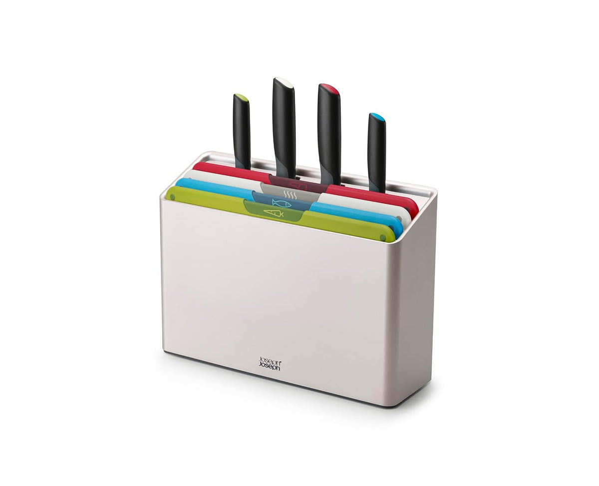 Joseph Joseph Folio Icon, juego de cuchillos y tablas de cortar codificados por colores, estuche delgado para almacenamiento organizado de cocina, grande, plateado