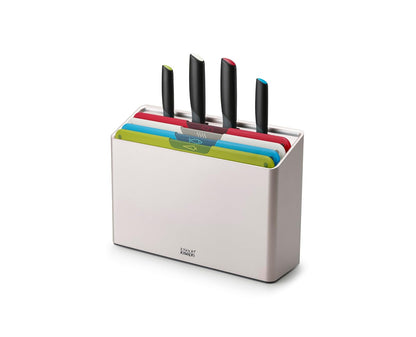Joseph Joseph Folio Icon, juego de cuchillos y tablas de cortar codificados por colores, estuche delgado para almacenamiento organizado de cocina, grande, plateado