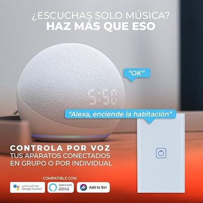 Tecnolite Connect - Apagador Inteligente Táctil WiFi 1 Circuito, Sin Cable Neutro, Compatible con App móvil, Alexa, Google y Siri, Interruptor Inteligente
