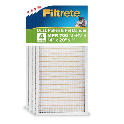 Filtrete Filtro de aire para horno de CA de 14 x 20 x 1, MERV 8, MPR 700, resistente al polen, fácil de fluir de aire, filtro de limpieza electrostática de aire plisado de 3 meses, paquete de 4 - 4 Count (Pack of 1) - MPR 700 Merv 8 - 14x20x1