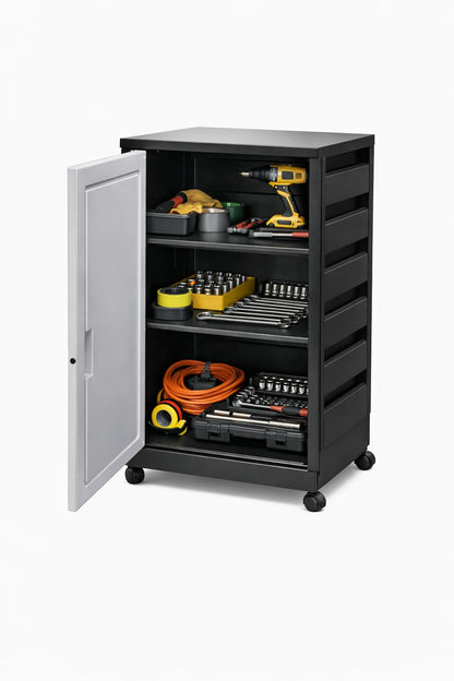 Italhome Mueble Organizador de Plástico con Ruedas, Cajonera con Repisas Multiusos para Oficina, Hogar o Taller, Ligero Resistente, Color Negro Gris
