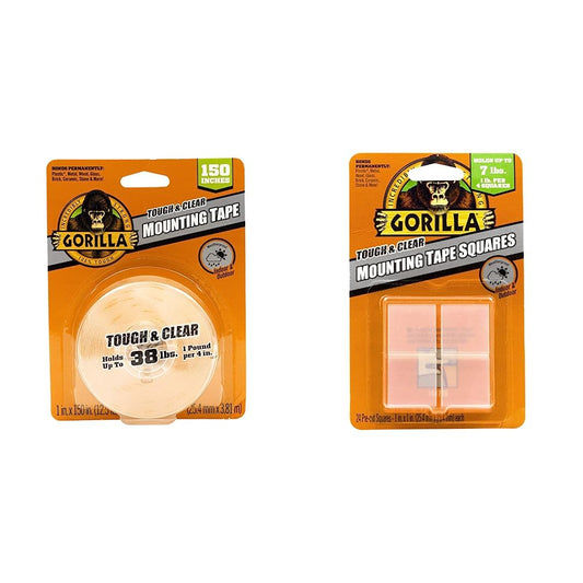 Gorilla Tough & Clear 6036002 Cinta de montaje XL de doble cara, 2,54 x 381 cm + Tough & Clear Cinta de montaje cuadrada de doble cara, 24 cuadrados precortados de 1 pulgada, transparente