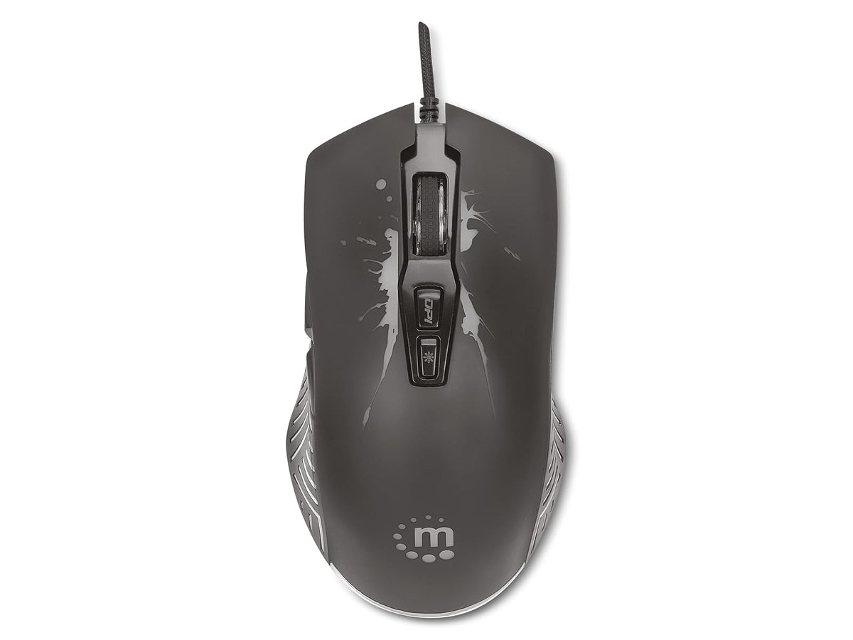 Manhattan 190220 Mouse Gaming Óptico cableado USB con iluminación LED, Siete Botones con Rueda de Desplazamiento, 7200 dpi Ajustables