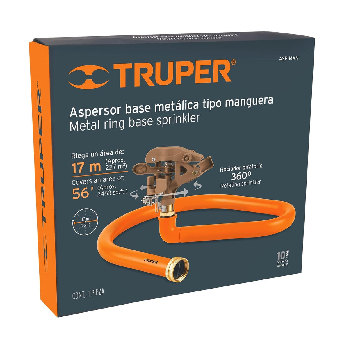 Truper ASP-MAN, Aspersor base metálica, tipo manguera, clip de límite de riego