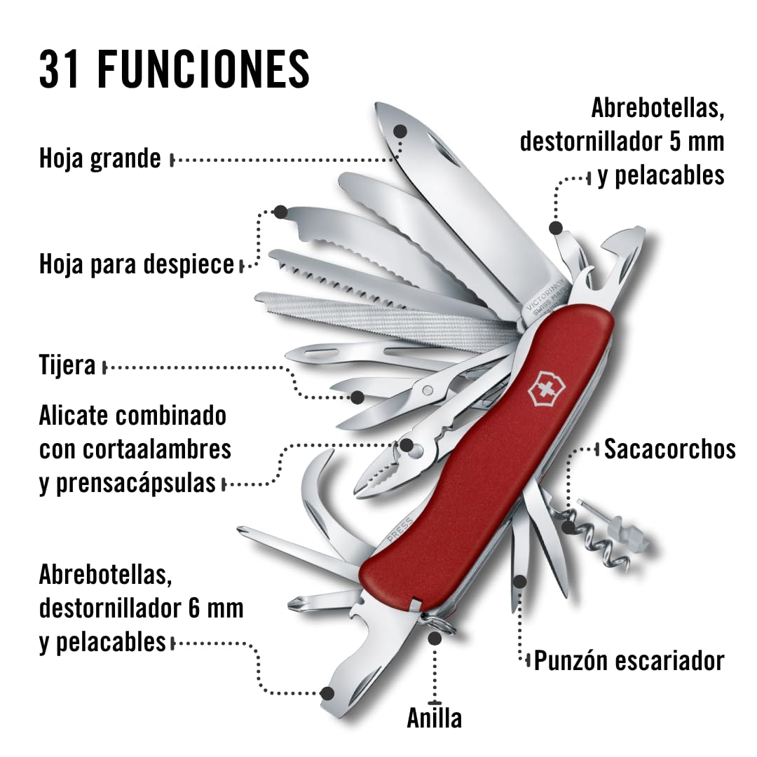 Victorinox Work Champ, Color Rojo, 111 mm, 31 Usos | Cuchillo de bolsillo grande con sierra para madera, sierra para metales, pinza y tijeras para acampar y bricolaje, 111 mm