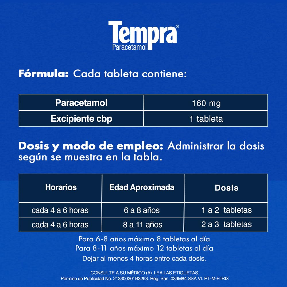 Tempra Tableta Masticable 160mg Fiebre y Dolor Sabor Uva Paracetamol caja con 30 tabletas