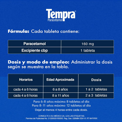Tempra Tableta Masticable 160mg Fiebre y Dolor Sabor Uva Paracetamol caja con 30 tabletas