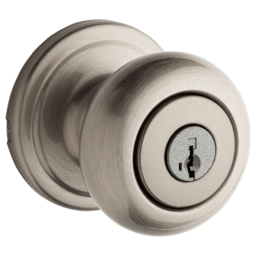 Kwikset Hancock - perilla para puerta de entrada con cerradura y llave, mango con llave segura exterior, entrada frontal y recámara, níquel satinado, seguridad SmartKey Rekey y Microban