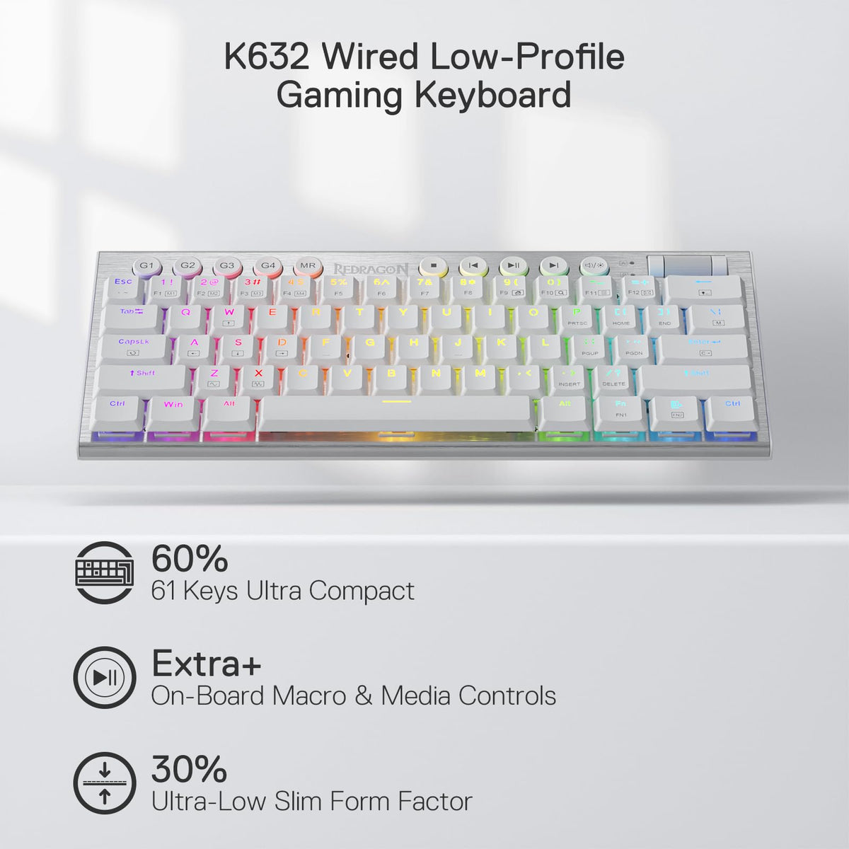 Teclado Gamer Redragon Horus K632-rgb Blanco Idioma Inglés Us Tamaño 60%, Alámbrico.