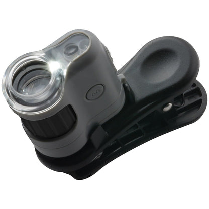 Carson Micromini Microscopio de Bolsillo 20X con Luz LED, Más una Linterna LED/UV Incorporada, y Clip Adaptador Universal de Teléfonos Inteligentes (MM-380)