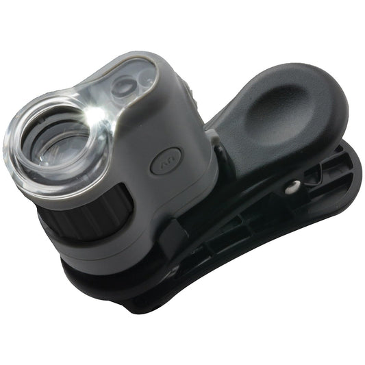 Carson Micromini Microscopio de Bolsillo 20X con Luz LED, Más una Linterna LED/UV Incorporada, y Clip Adaptador Universal de Teléfonos Inteligentes (MM-380)