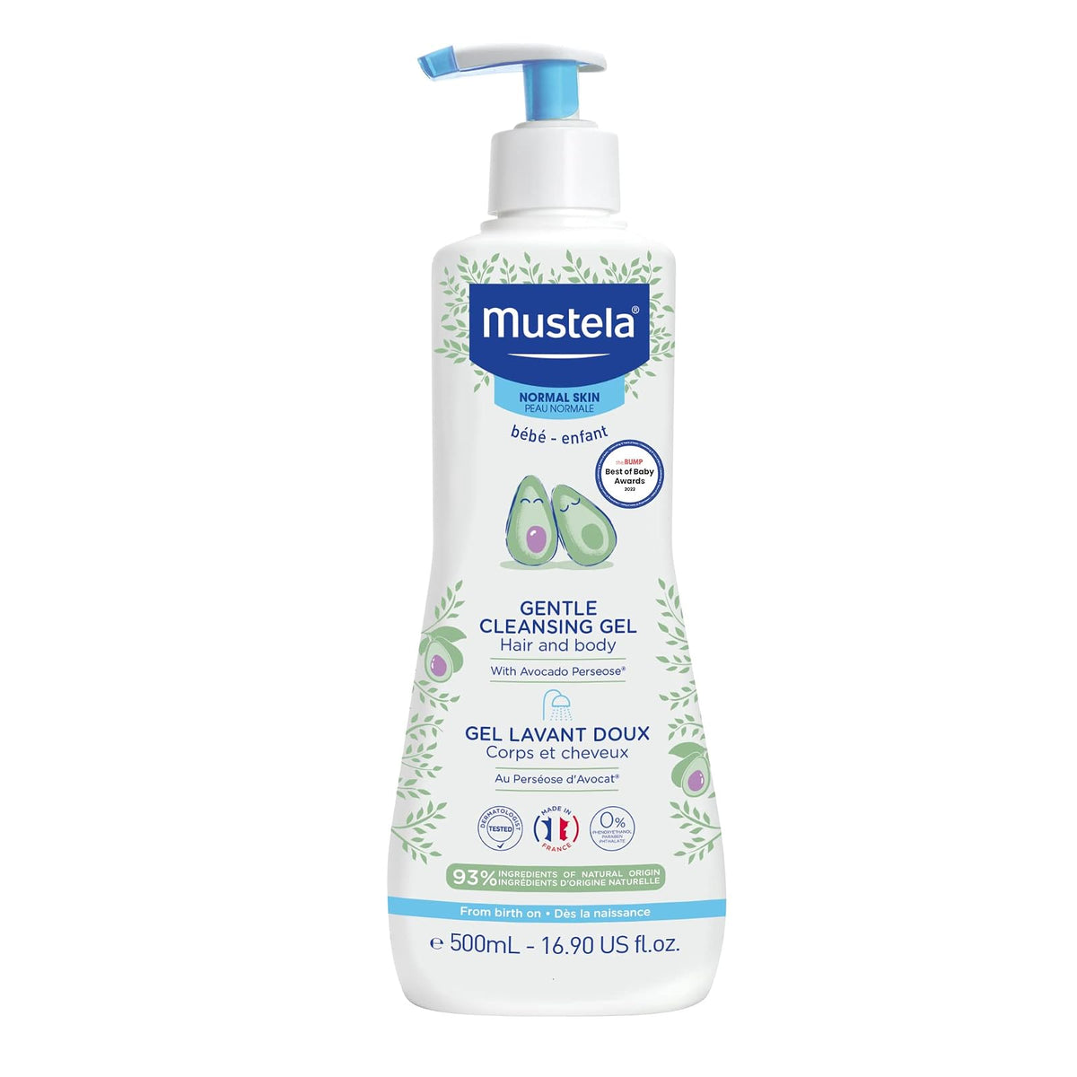 Mustela Baby Gel limpiador suave - Gel de baño para cabello y cuerpo de bebé - con aguacate natural fortificado con vitamina B5 - Fórmula biodegradable y sin desgarros - 16.90 fl. onz.