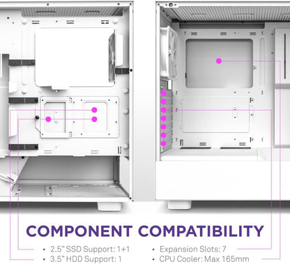 NZXT H5 Flow Compact ATX Mid-Tower PC Gaming Case – CC-H51FW-01- High Airflow Perforated Front Panel – Tempered Glass Side Panel – 2 x 120mm Fans Included – 280mm Radiator Support – Ｗhite