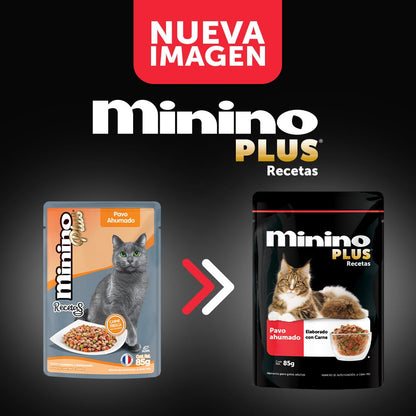 Minino Plus Recetas, alimento húmedo sabor Pavo ahumado, Paquete con 24 Pzas de 85 g.