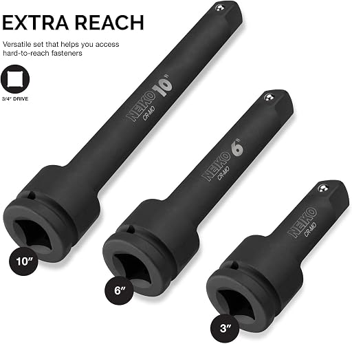 NEIKO 00236A Juego de barras de extensión de impacto de 3/4 pulgadas, fabricado con acero CrV, tamaños de 4 pulgadas, 6 pulgadas y 10 pulgadas, juego de 3 piezas