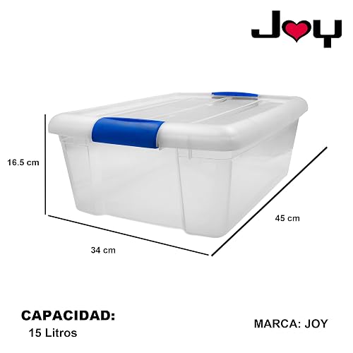JOY - Caja de Almacenamiento Apilable, Pack de 3, para Organizador Armario, Juguetes, Ropa, con Broche y Tapa Duradera, 15 Litros de Capacidad, Plástico Libre de BPA, Transparente