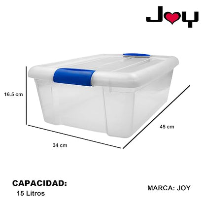 JOY - Caja de Almacenamiento Apilable, Pack de 3, para Organizador Armario, Juguetes, Ropa, con Broche y Tapa Duradera, 15 Litros de Capacidad, Plástico Libre de BPA, Transparente