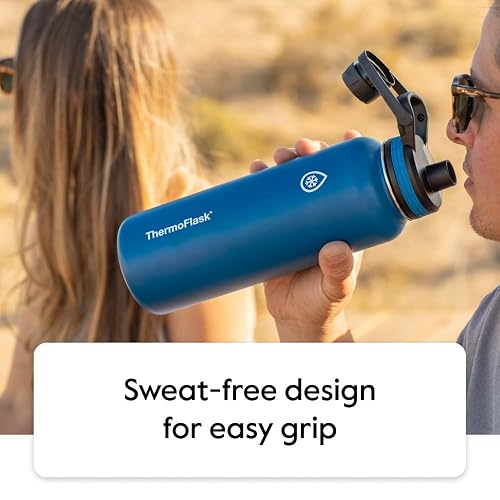 Thermoflask Botella de agua doble aislada de acero inoxidable con dos tapas, 40 onzas, ciruela